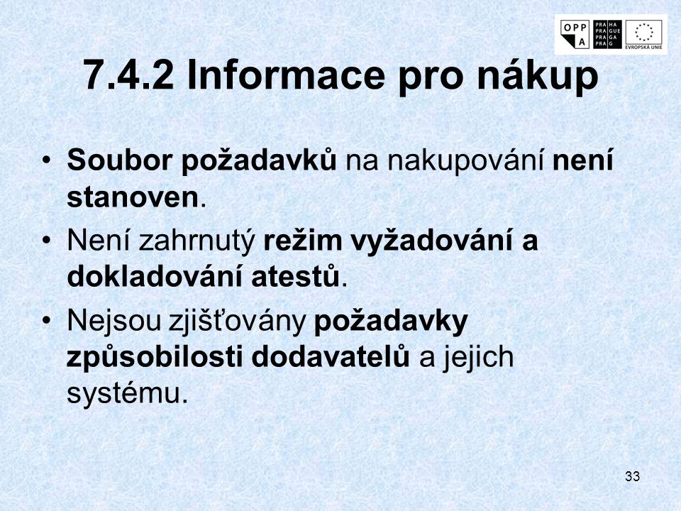 7.4.2 Informace pro nákup Soubor požadavků na nakupování není stanoven. Není zahrnutý režim vyžadování a dokladování atestů.