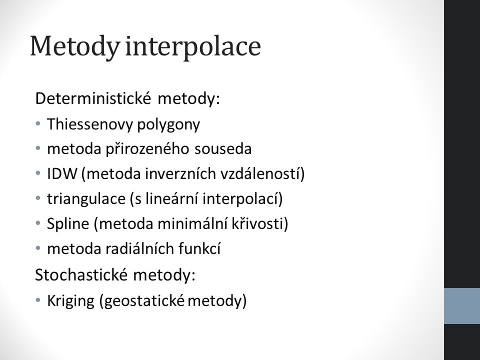 Metody interpolace Deterministické metody: Stochastické metody: