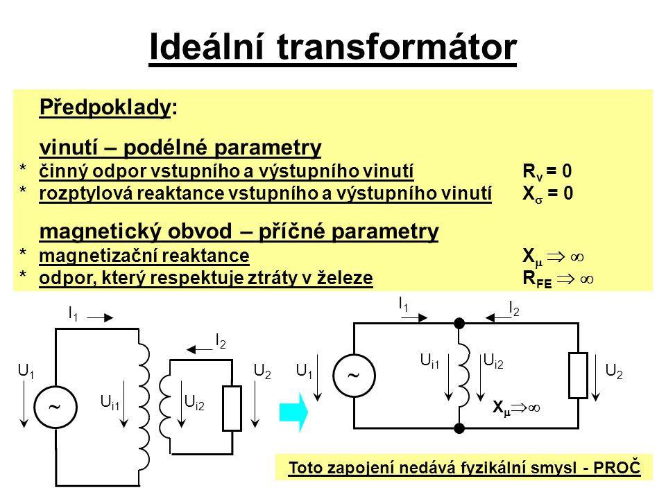 Ideální transformátor Toto zapojení nedává fyzikální smysl - PROČ