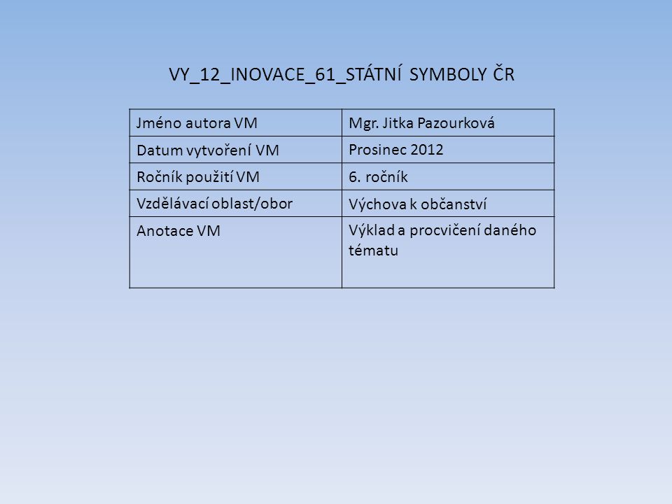 VY_12_INOVACE_61_STÁTNÍ SYMBOLY ČR