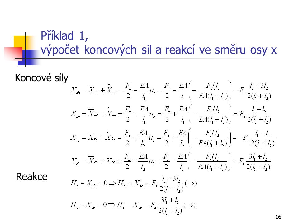 Příklad 1, výpočet koncových sil a reakcí ve směru osy x