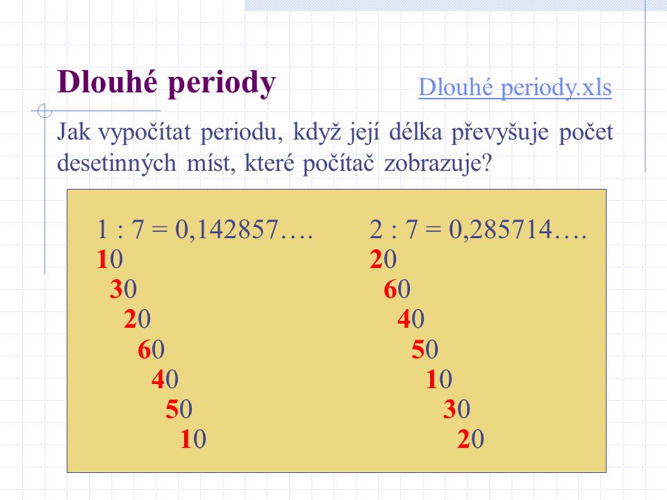 Dlouhé periody Dlouhé periody.xls. Jak vypočítat periodu, když její délka převyšuje počet desetinných míst, které počítač zobrazuje
