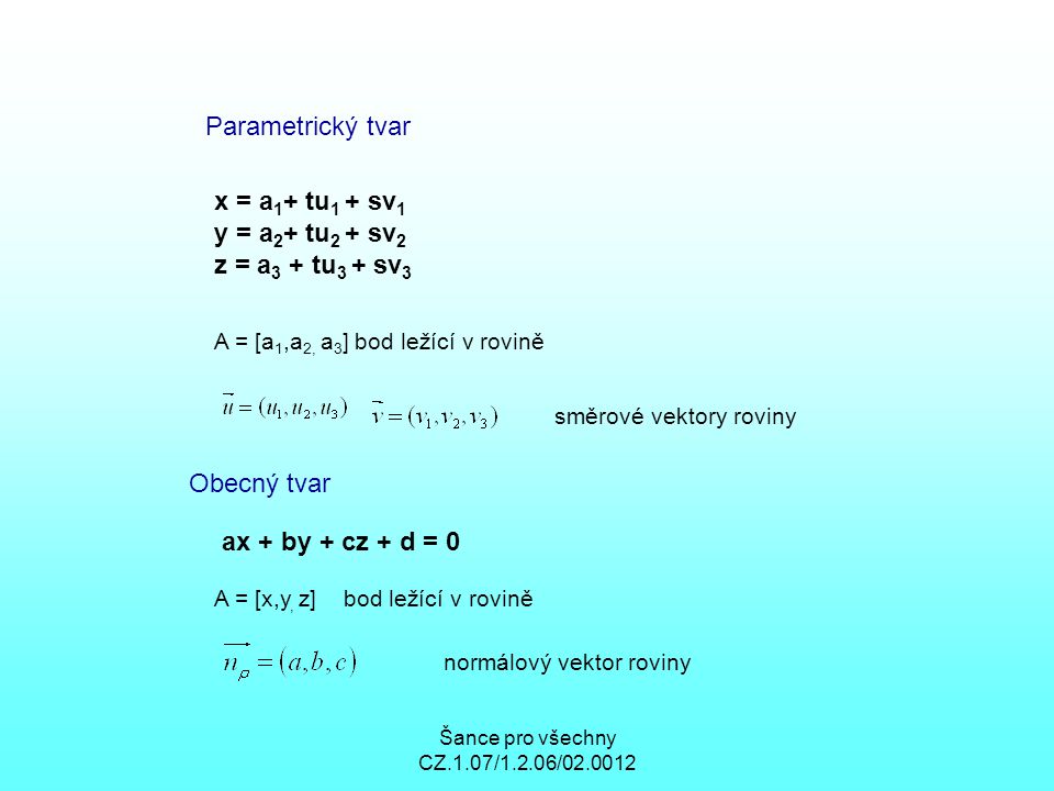 Parametrický tvar x = a1+ tu1 + sv1 y = a2+ tu2 + sv2