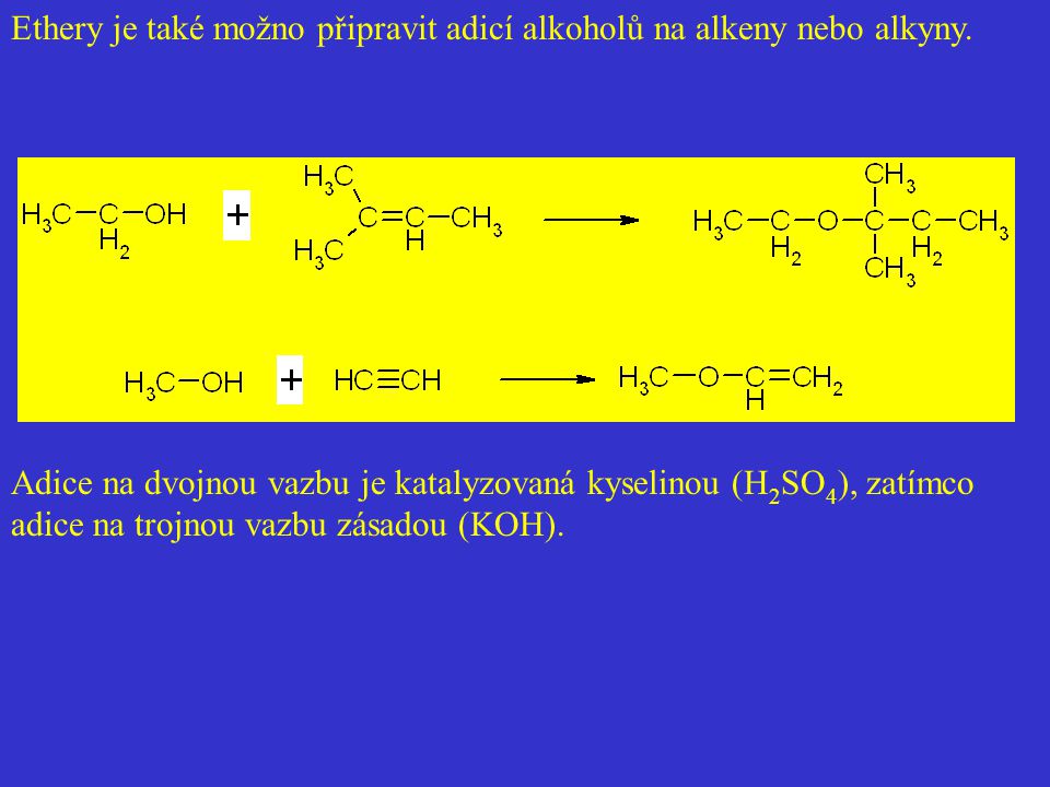 Ethery je také možno připravit adicí alkoholů na alkeny nebo alkyny.