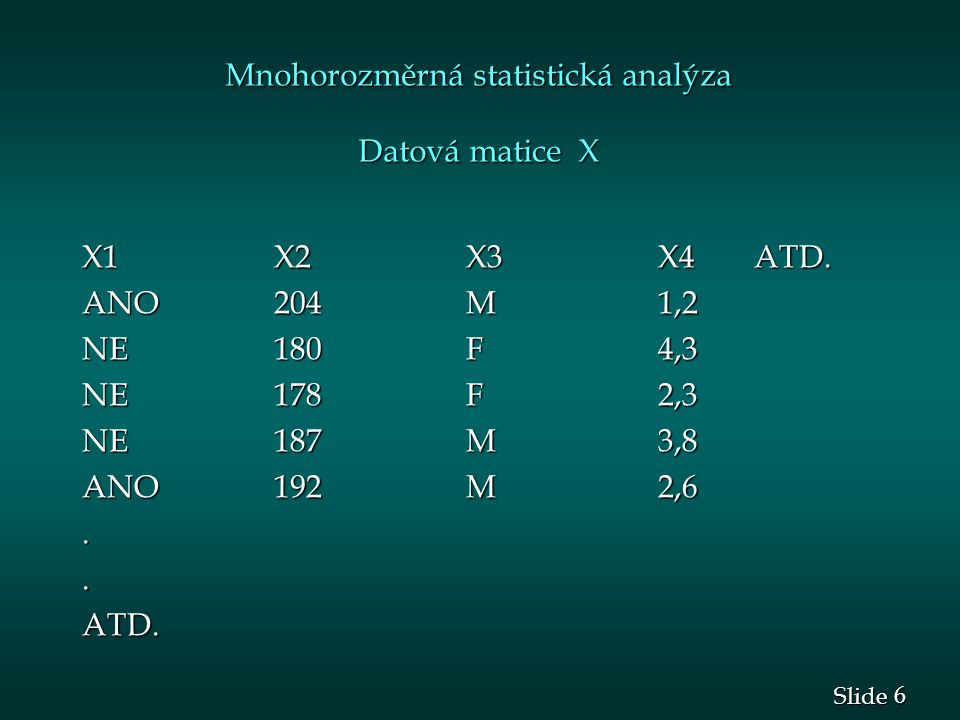 Mnohorozměrná statistická analýza Datová matice X