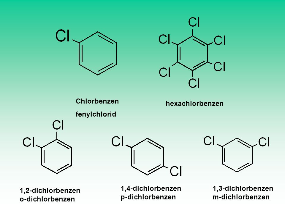 Chlorbenzen fenylchlorid. hexachlorbenzen. 1,4-dichlorbenzen. p-dichlorbenzen. 1,3-dichlorbenzen.