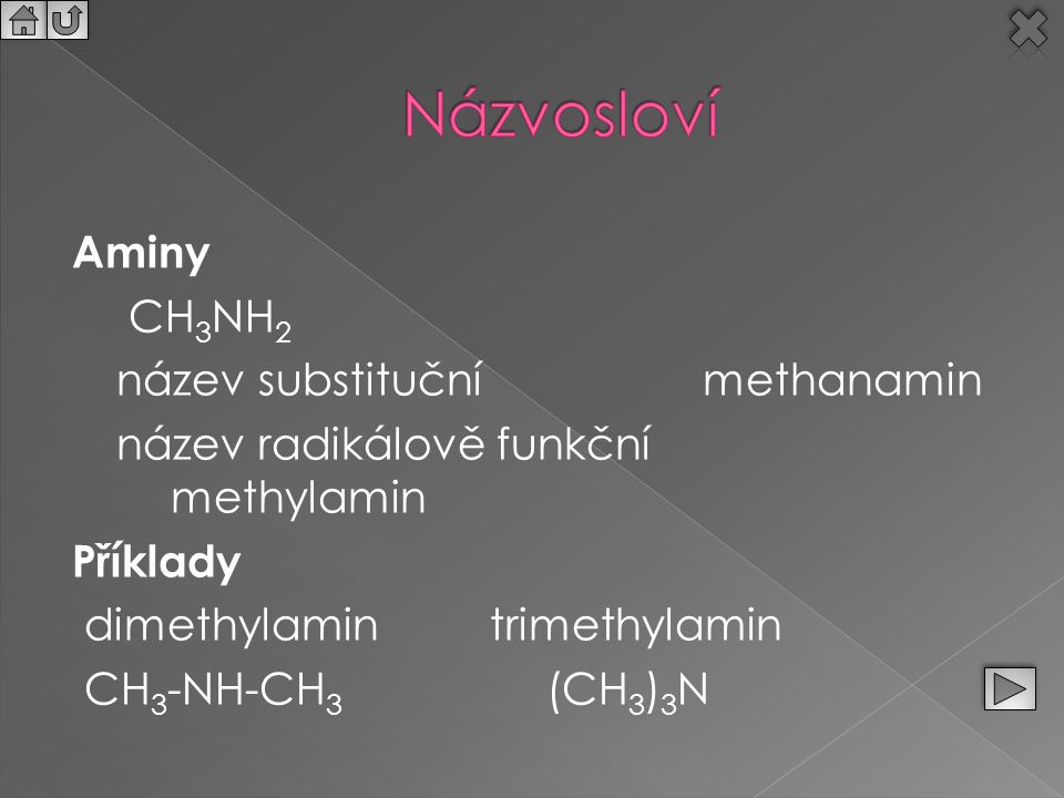 Názvosloví Aminy CH3NH2 název substituční methanamin název radikálově funkční methylamin Příklady dimethylamin trimethylamin CH3-NH-CH3 (CH3)3N