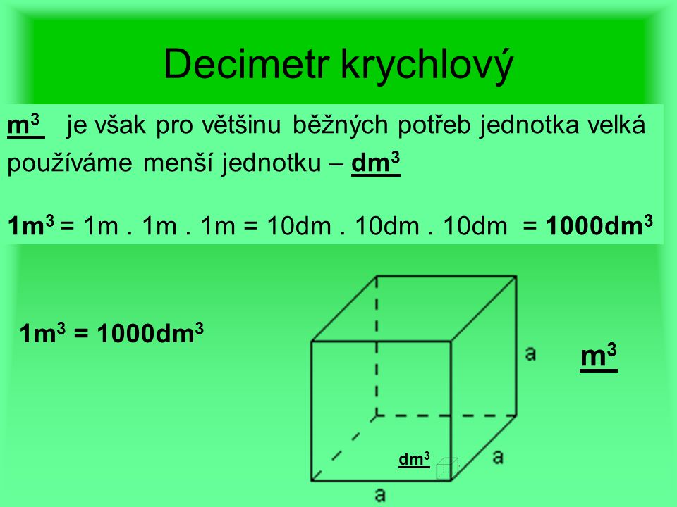 Decimetr krychlový m3 je však pro většinu běžných potřeb jednotka velká. používáme menší jednotku – dm3.