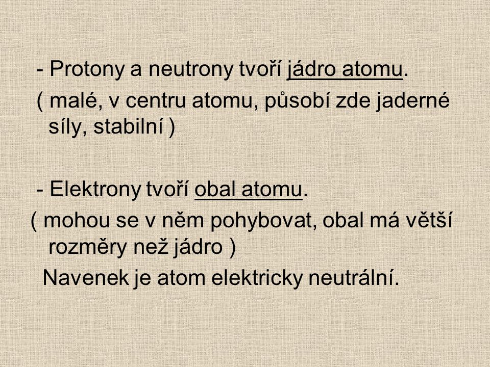 - Protony a neutrony tvoří jádro atomu.
