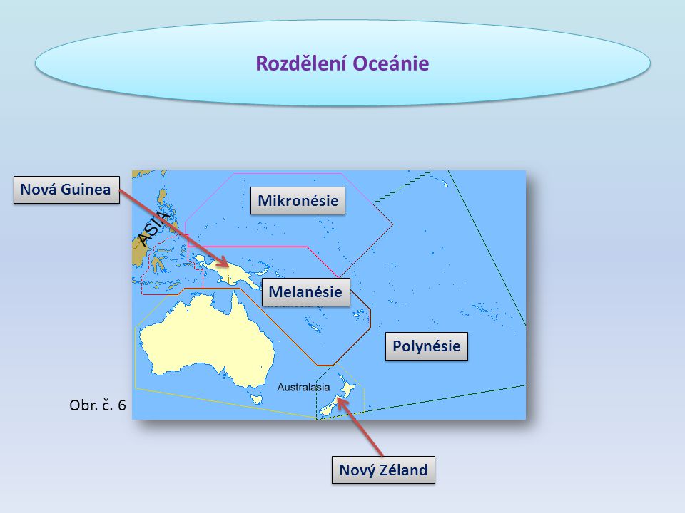 Rozdělení Oceánie Nová Guinea Mikronésie Melanésie Polynésie Obr. č. 6