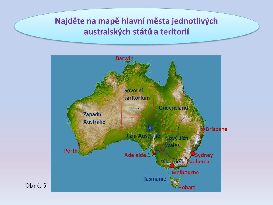 Najděte na mapě hlavní města jednotlivých australských států a teritorií