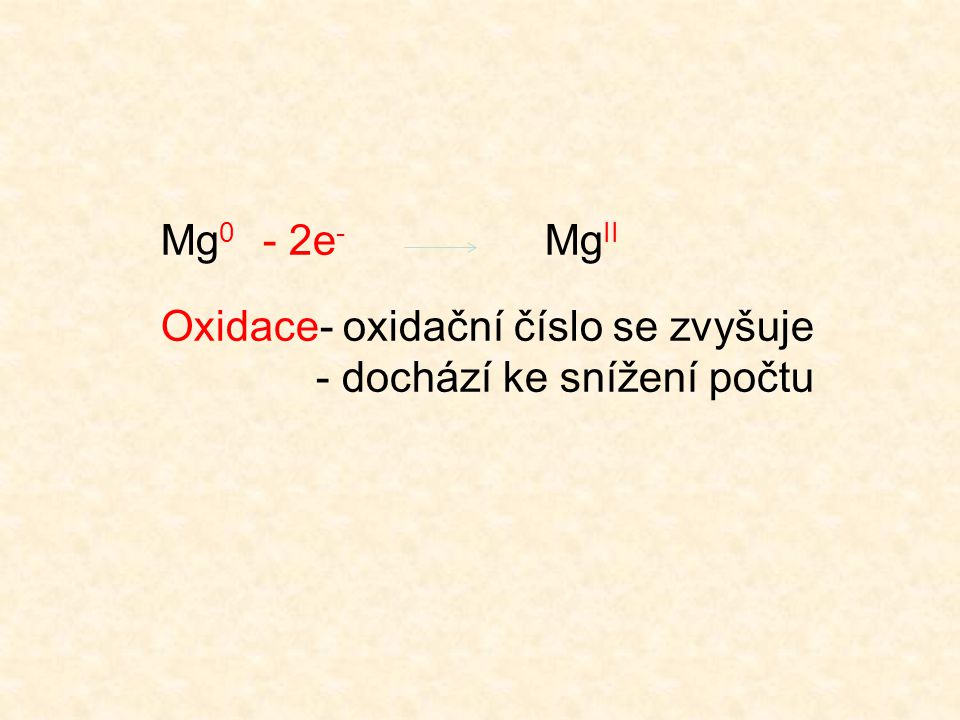 Mg0 - 2e- MgII Oxidace- oxidační číslo se zvyšuje - dochází ke snížení počtu