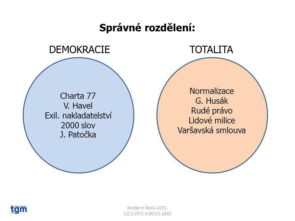 Správné rozdělení: DEMOKRACIE TOTALITA Normalizace Charta 77 G. Husák