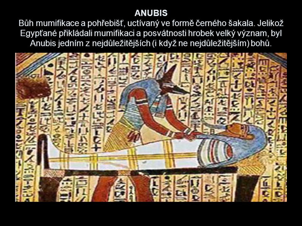 ANUBIS Bůh mumifikace a pohřebišť, uctívaný ve formě černého šakala