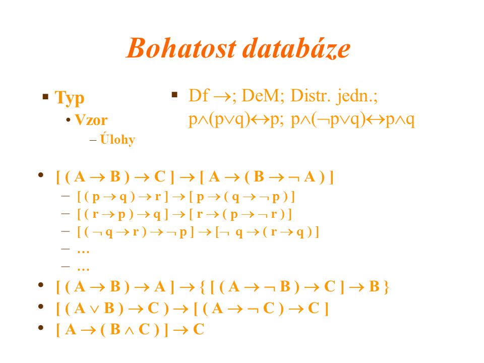 Bohatost databáze Df ; DeM; Distr. jedn.; p(pq)p; p(pq)pq Typ