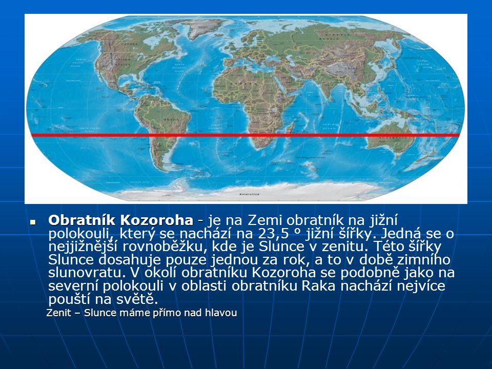 Obratník Kozoroha - je na Zemi obratník na jižní polokouli, který se nachází na 23,5 ° jižní šířky. Jedná se o nejjižnější rovnoběžku, kde je Slunce v zenitu. Této šířky Slunce dosahuje pouze jednou za rok, a to v době zimního slunovratu. V okolí obratníku Kozoroha se podobně jako na severní polokouli v oblasti obratníku Raka nachází nejvíce pouští na světě.