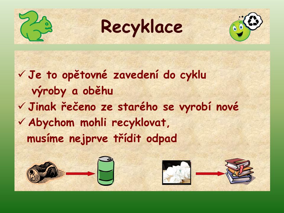 Recyklace Je to opětovné zavedení do cyklu výroby a oběhu