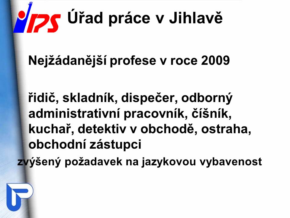 Úřad práce v Jihlavě Nejžádanější profese v roce 2009