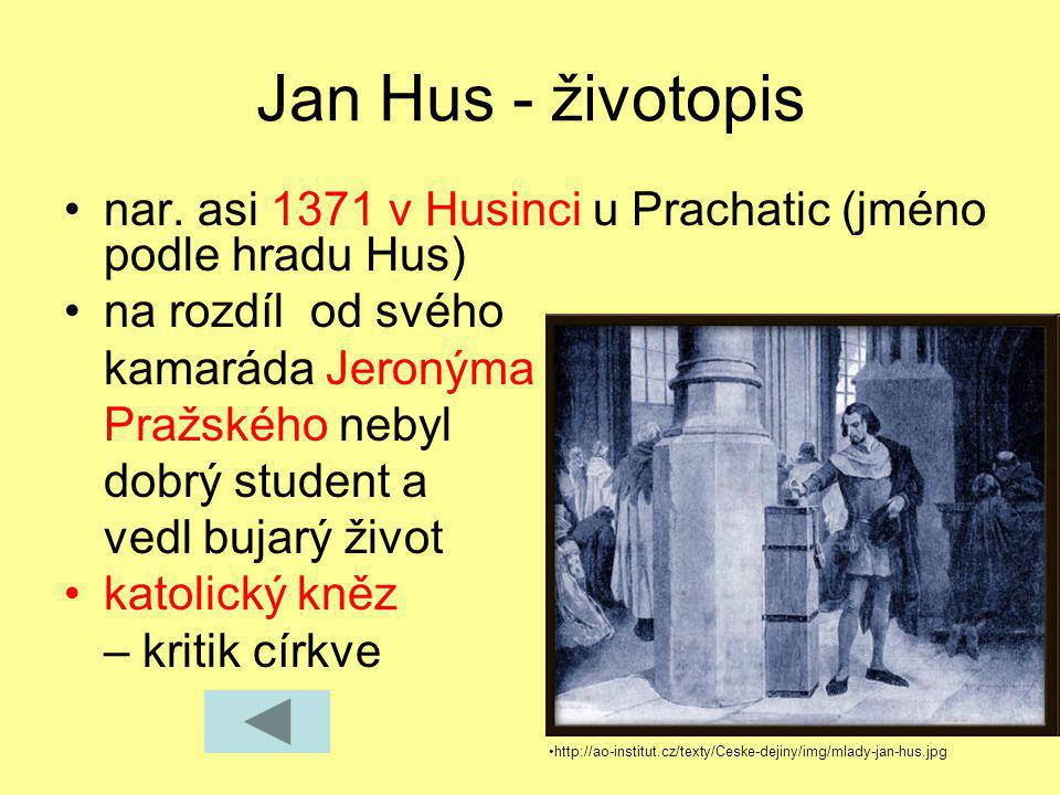 Jan Hus - životopis nar. asi 1371 v Husinci u Prachatic (jméno podle hradu Hus) na rozdíl od svého.