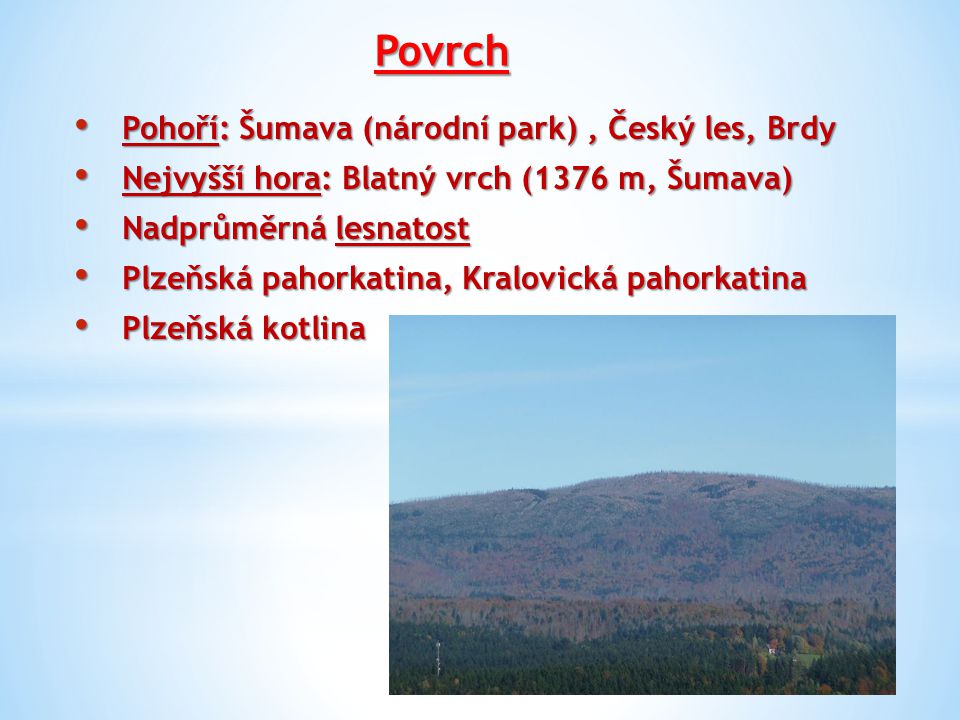 Povrch Pohoří: Šumava (národní park) , Český les, Brdy