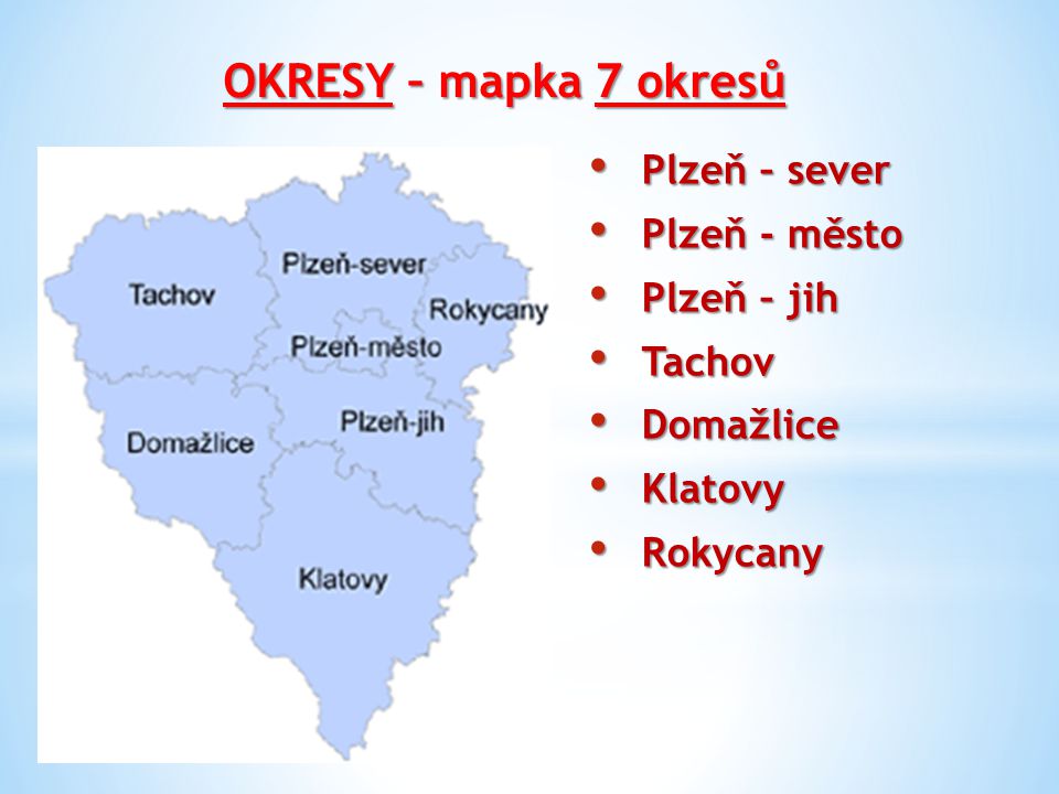 OKRESY – mapka 7 okresů Plzeň – sever Plzeň - město Plzeň – jih Tachov