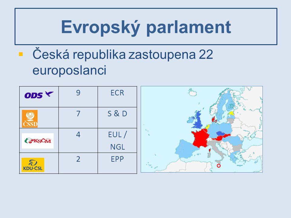 Evropský parlament Česká republika zastoupena 22 europoslanci 9 ECR 7