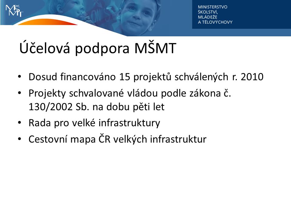 Účelová podpora MŠMT Dosud financováno 15 projektů schválených r. 2010