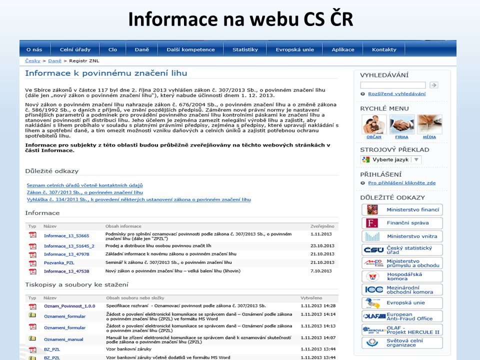 Informace na webu CS ČR