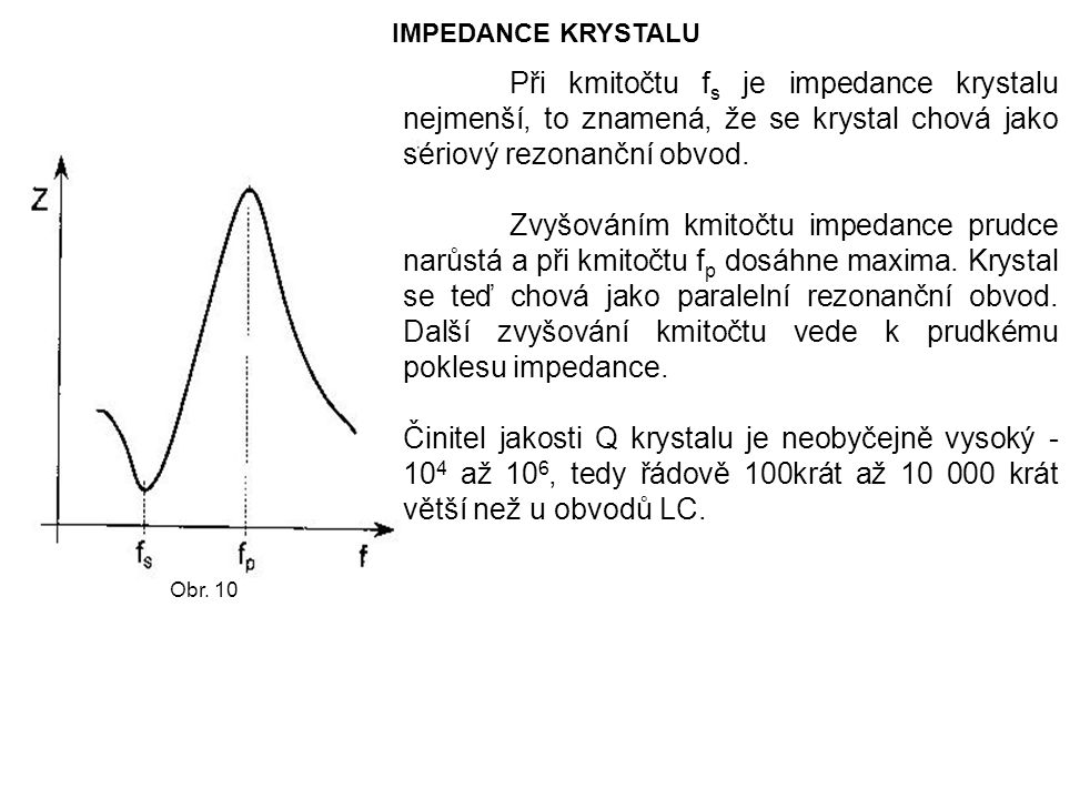 IMPEDANCE KRYSTALU Při kmitočtu fs je impedance krystalu nejmenší, to znamená, že se krystal chová jako sériový rezonanční obvod.