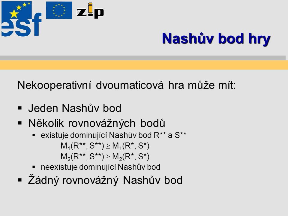Nashův bod hry Nekooperativní dvoumaticová hra může mít: