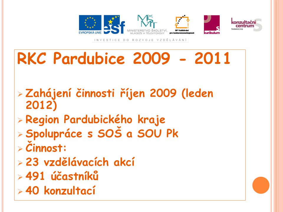 RKC Pardubice Zahájení činnosti říjen 2009 (leden 2012)
