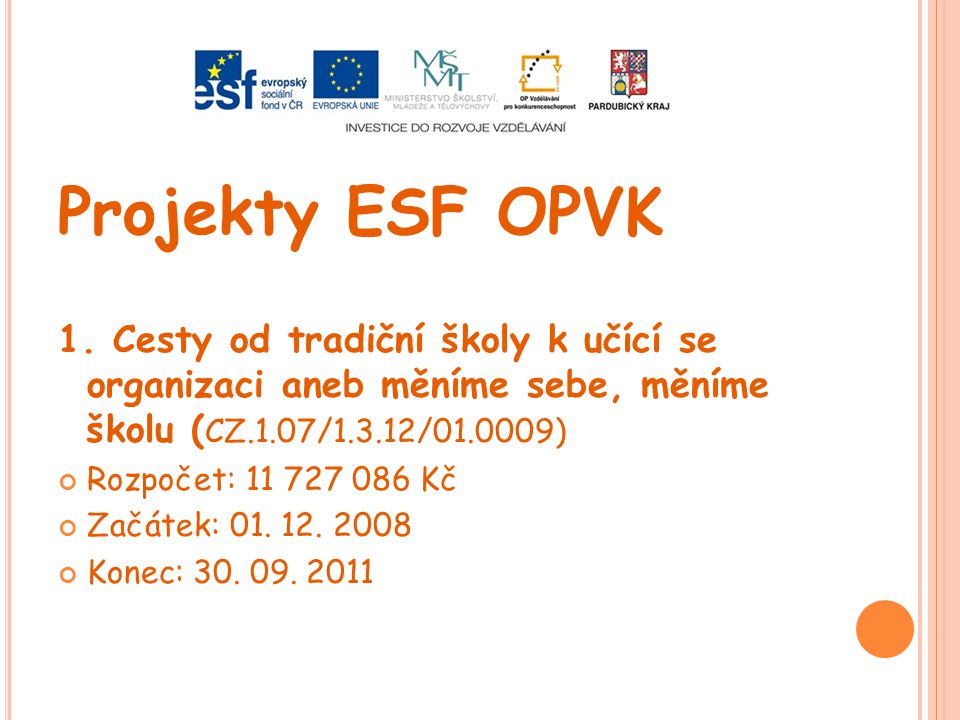 Projekty ESF OPVK 1. Cesty od tradiční školy k učící se organizaci aneb měníme sebe, měníme školu (CZ.1.07/1.3.12/ )