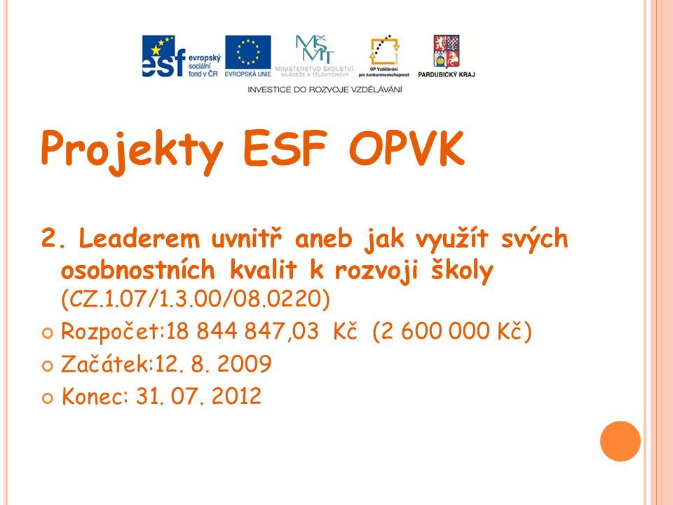 Projekty ESF OPVK 2. Leaderem uvnitř aneb jak využít svých osobnostních kvalit k rozvoji školy (CZ.1.07/1.3.00/ )
