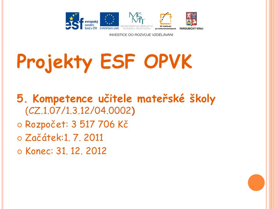 Projekty ESF OPVK 5. Kompetence učitele mateřské školy (CZ.1.07/1.3.12/ ) Rozpočet: Kč.