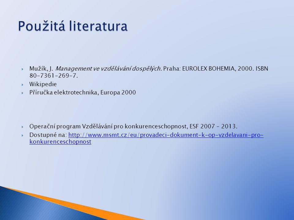 Použitá literatura Mužík, J. Management ve vzdělávání dospělých. Praha: EUROLEX BOHEMIA, ISBN