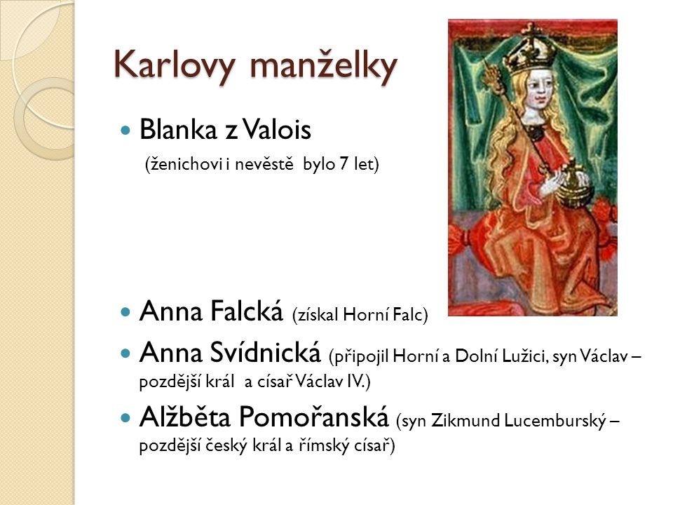 Karlovy manželky Blanka z Valois Anna Falcká (získal Horní Falc)