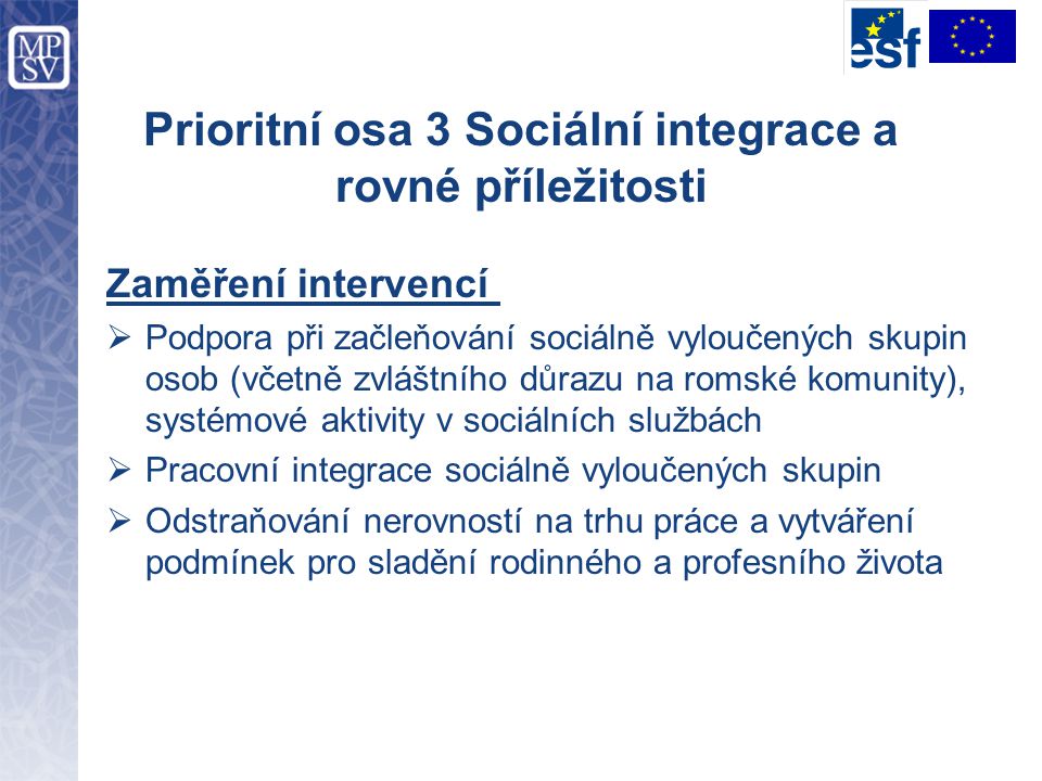 Prioritní osa 3 Sociální integrace a rovné příležitosti