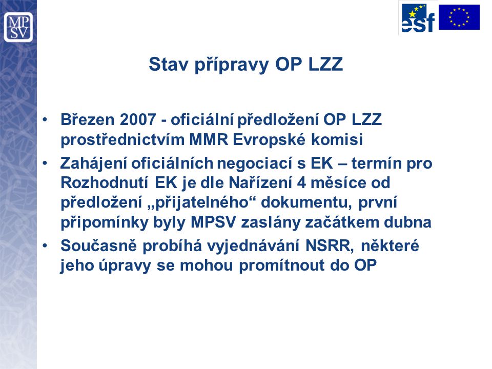 Stav přípravy OP LZZ Březen oficiální předložení OP LZZ prostřednictvím MMR Evropské komisi.
