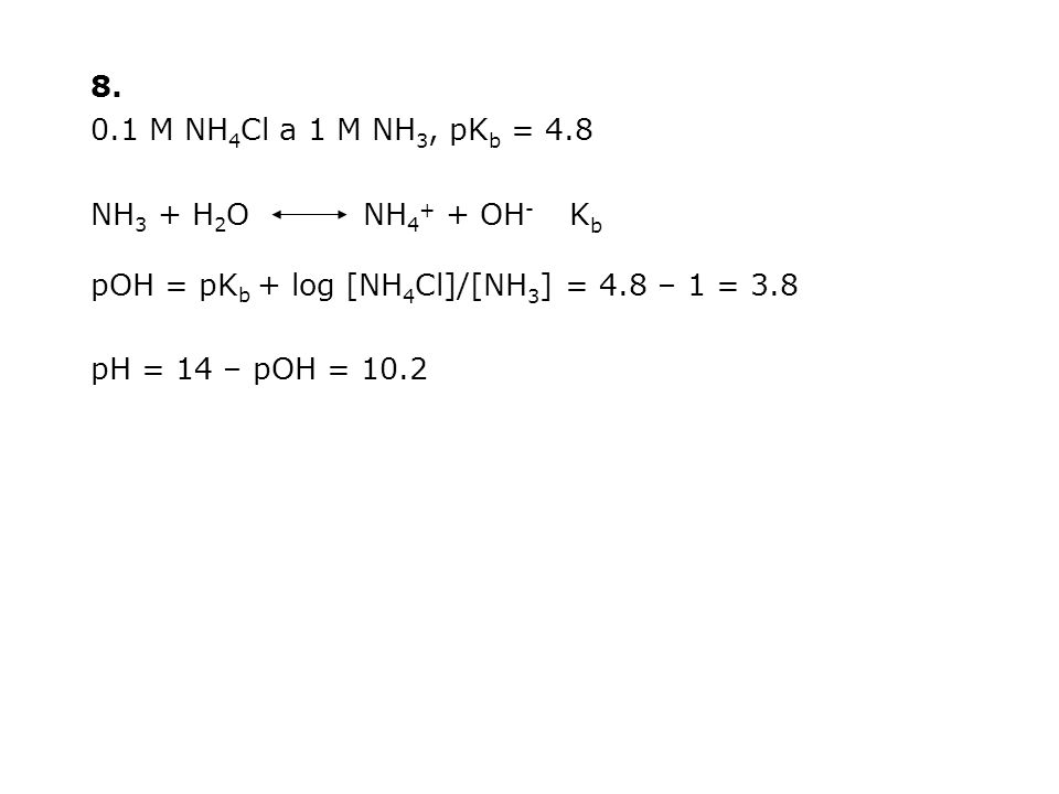 M NH4Cl a 1 M NH3, pKb = 4.8. NH3 + H2O NH4+ + OH- Kb. pOH = pKb + log [NH4Cl]/[NH3] = 4.8 – 1 = 3.8.