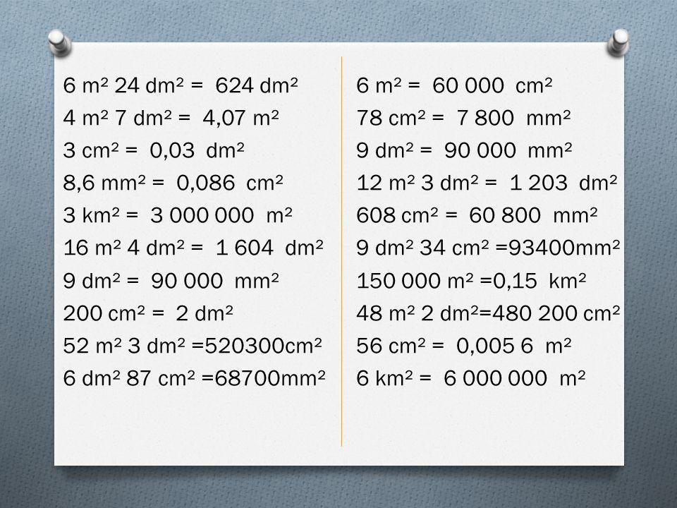 6 m² 24 dm² = 624 dm² 4 m² 7 dm² = 4,07 m² 3 cm² = 0,03 dm² 8,6 mm² = 0,086 cm² 3 km² = m² 16 m² 4 dm² = dm² 9 dm² = mm² 200 cm² = 2 dm² 52 m² 3 dm² =520300cm² 6 dm² 87 cm² =68700mm²