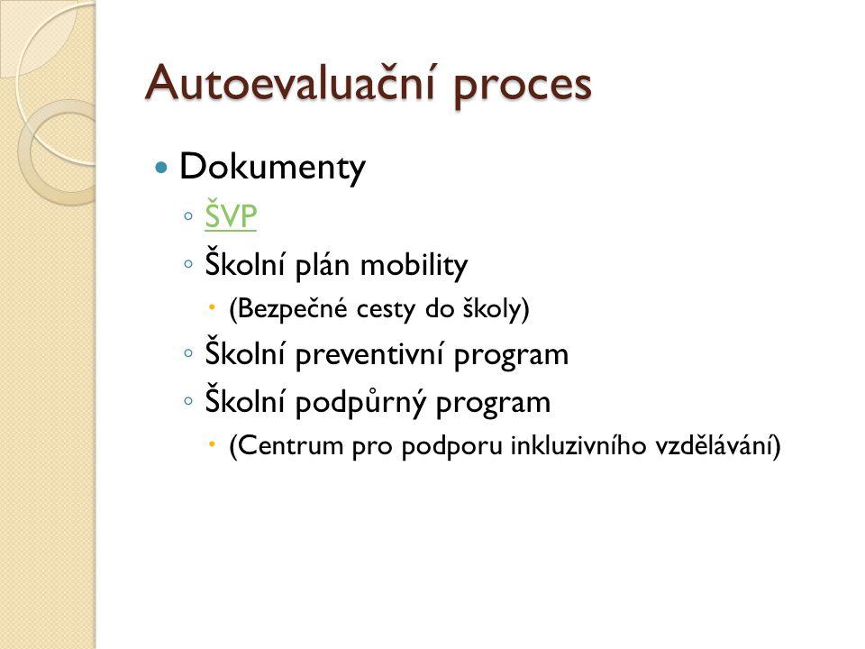 Autoevaluační proces Dokumenty ŠVP Školní plán mobility