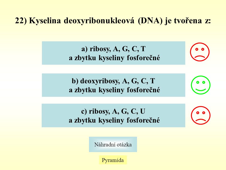 22) Kyselina deoxyribonukleová (DNA) je tvořena z: