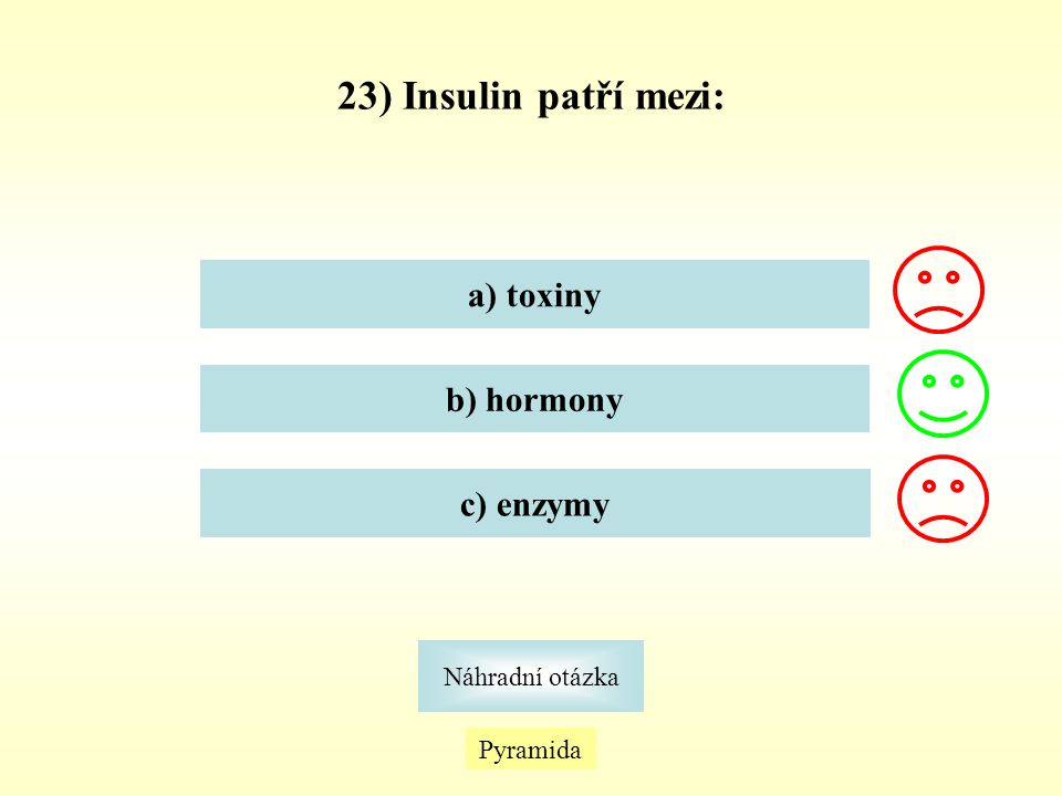 23) Insulin patří mezi: a) toxiny b) hormony c) enzymy Náhradní otázka