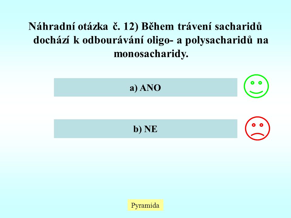Náhradní otázka č. 12) Během trávení sacharidů dochází k odbourávání oligo- a polysacharidů na monosacharidy.