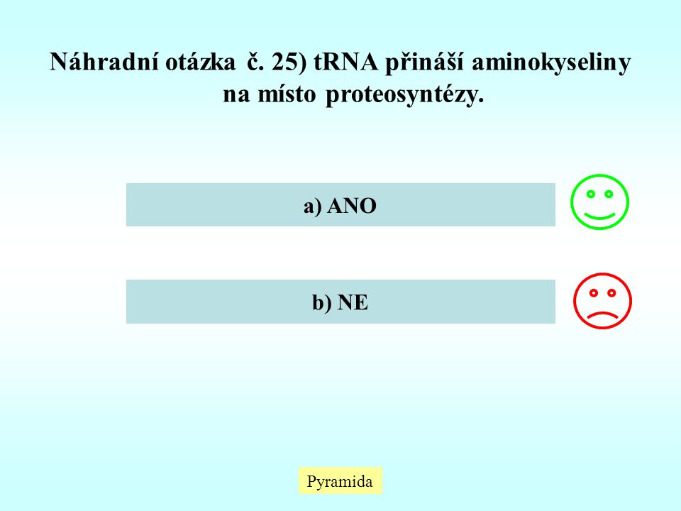 Náhradní otázka č. 25) tRNA přináší aminokyseliny na místo proteosyntézy.