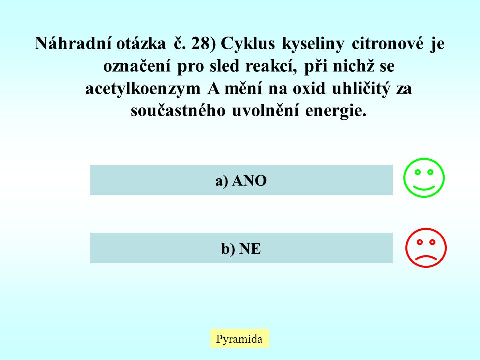 Náhradní otázka č. 28) Cyklus kyseliny citronové je označení pro sled reakcí, při nichž se acetylkoenzym A mění na oxid uhličitý za součastného uvolnění energie.