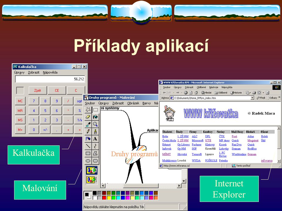 Příklady aplikací Kalkulačka Internet Explorer Malování