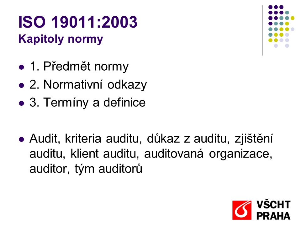 ISO 19011:2003 Kapitoly normy 1. Předmět normy 2. Normativní odkazy