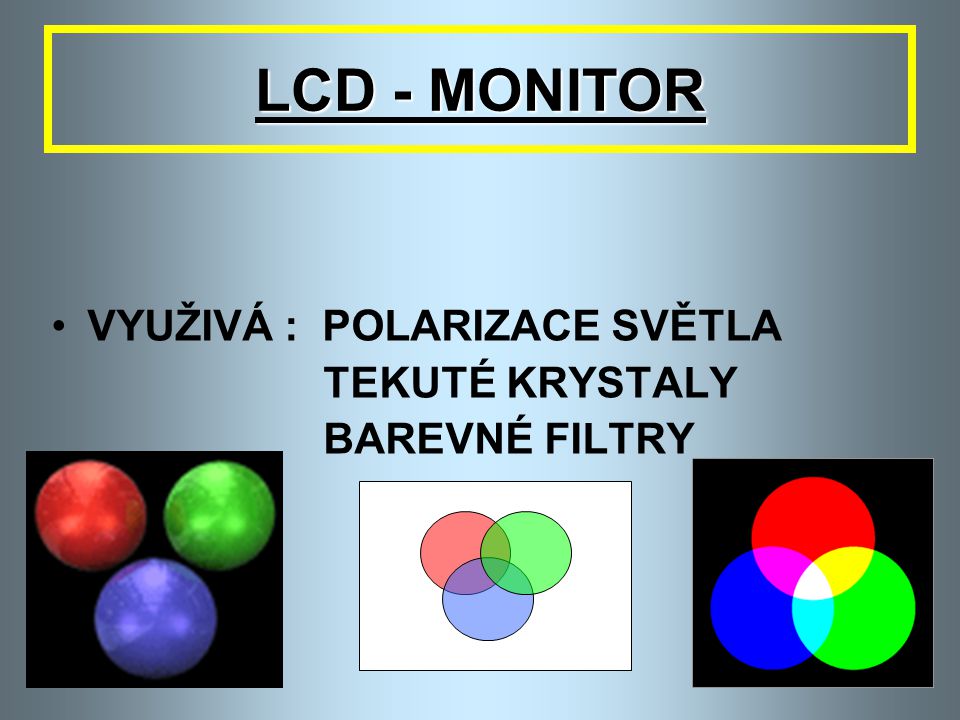 LCD - MONITOR VYUŽIVÁ : POLARIZACE SVĚTLA TEKUTÉ KRYSTALY