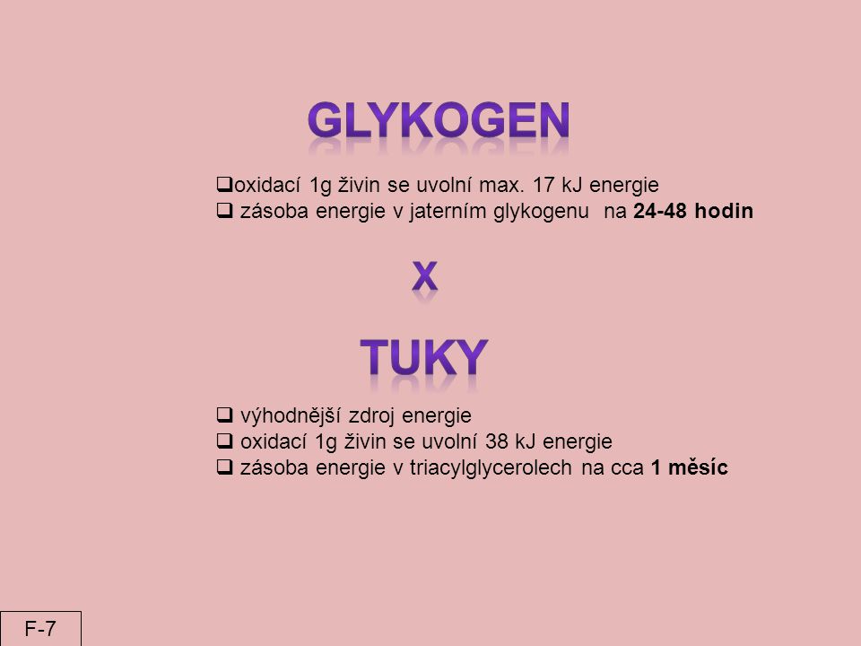GLYKOGEN TUKY x oxidací 1g živin se uvolní max. 17 kJ energie